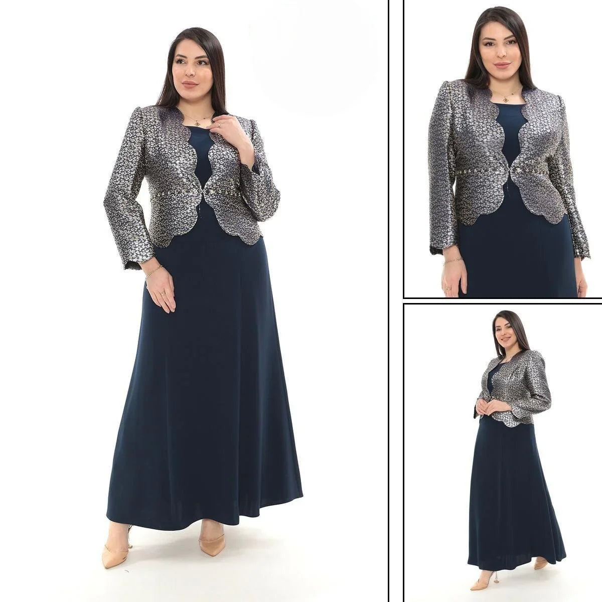 Longue Robe Bleu Marine , Avec Veste Argentée , Longues Manches