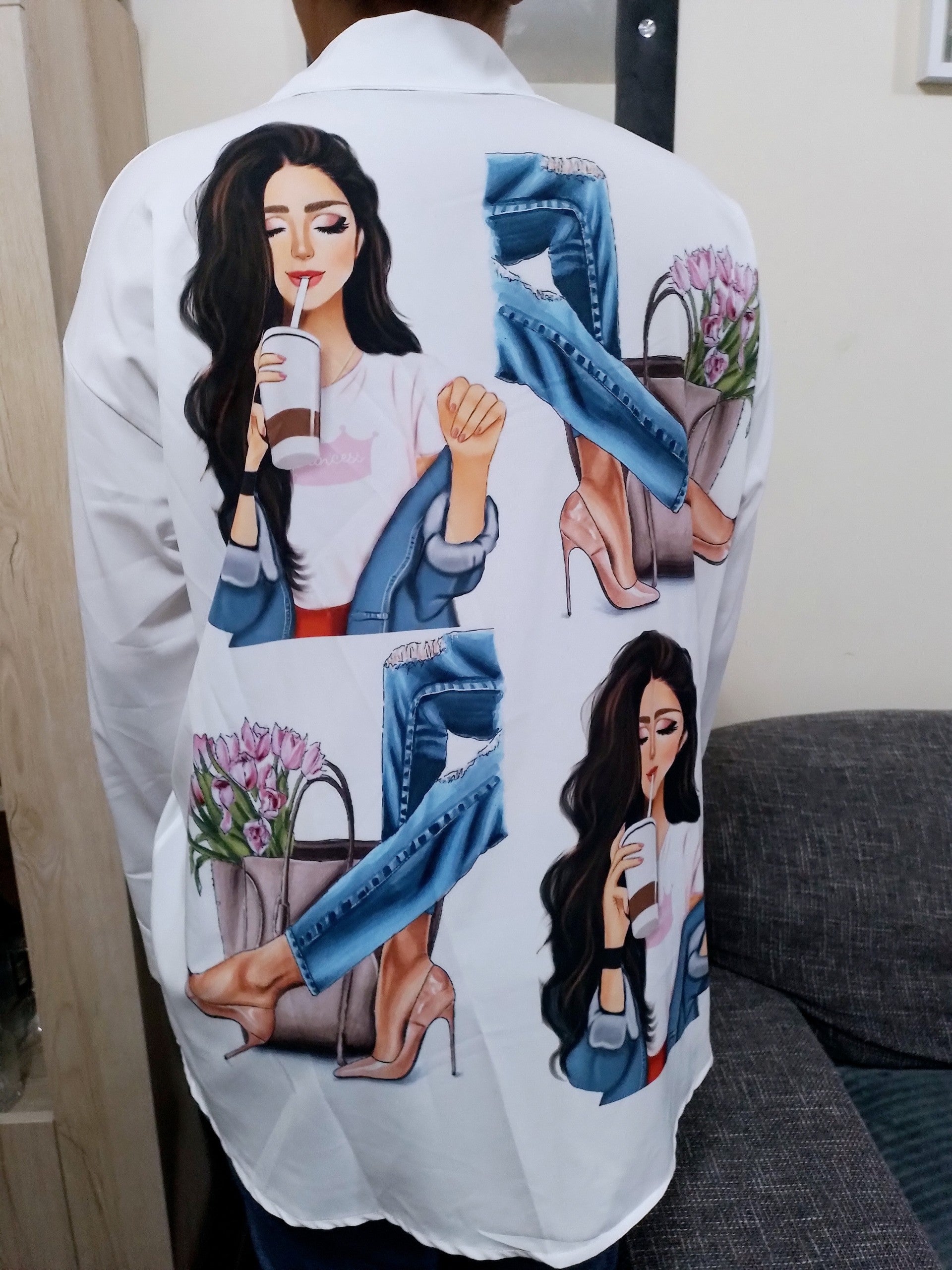 Chemise Blanche Avec Motifs , Logues Manches , Taille Unique