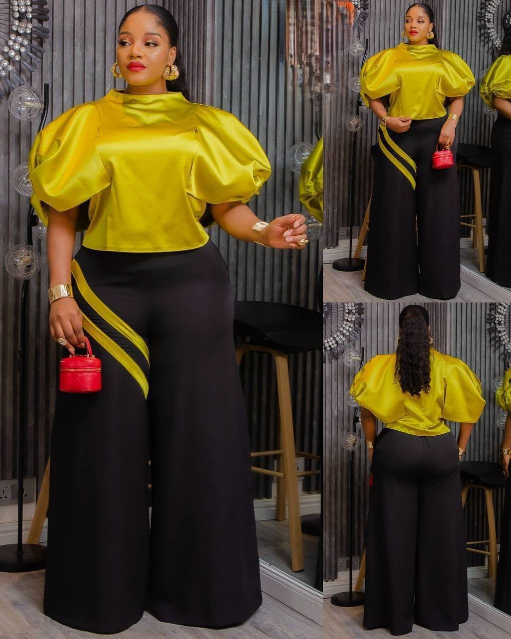 Ensemble pantalon deux tons jaune et noir qui allie style et confort pour une silhouette moderne et affirmée. Le haut à manches courtes épouse élégamment le buste, tandis que le pantalon taille haute offre une coupe flatteuse et structurée. Les touches mauves délicates apportent une dimension sophistiquée à cette combinaison audacieuse, créant un contraste subtil entre les teintes principales. Parfait pour les occasions qui demandent une présence remarquée, cet ensemble se porte aussi bien au bureau qu'en s