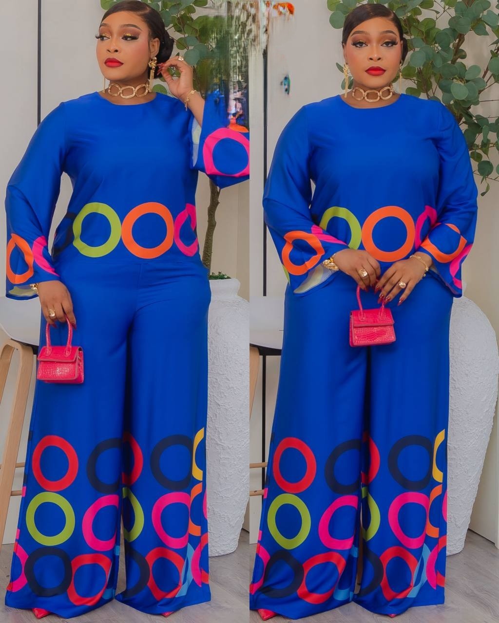  ensemble pantalon bleu captivant, enrichi de détails multicolores qui transforment une teinte classique en création vibrante et personnelle. Parfait pour les femmes qui osent exprimer leur individualité, cette pièce combine la sophistication du bleu avec des accents de couleur subtils qui ajoutent de la profondeur et du caractère