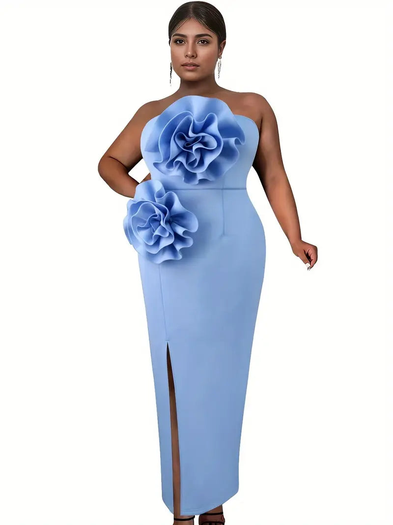 Robe de cérémonie bleu ciel qui allie élégance intemporelle et détails sophistiqués. Cette pièce maîtresse se distingue par deux touffes de fleurs délicatement positionnées, ajoutant une touche de féminité et de raffinement à votre silhouette. La fente latérale élégante offre à la fois liberté de mouvement et une allure moderne, parfaite pour mettre en valeur vos jambes avec grâce. Conçue pour les moments importants, cette robe épouse les formes avec douceur tout en offrant un confort optimal. Le bleu ciel 