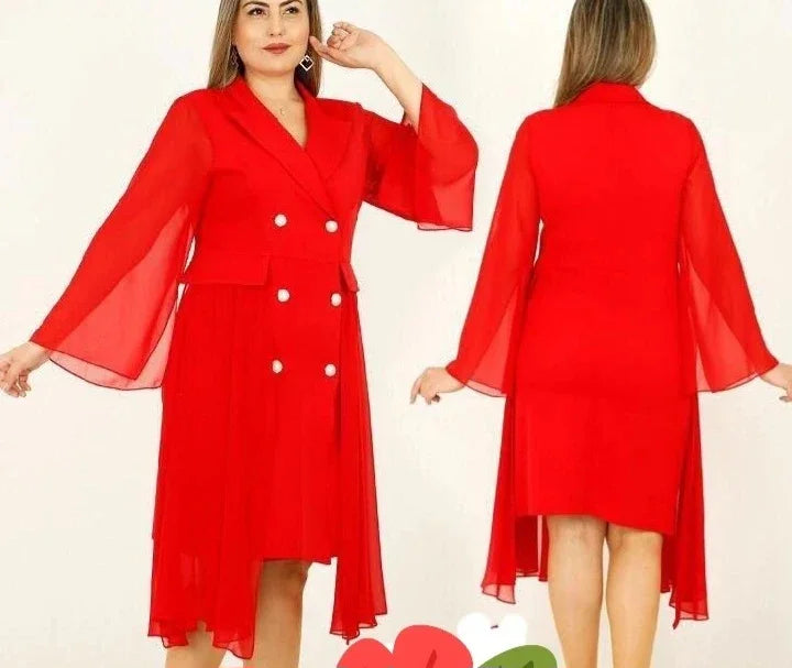 Robe Porte Feuille Rouge, Manches En Organza, Ornée De Deux Voiles Pendantes Sur Le  Côté