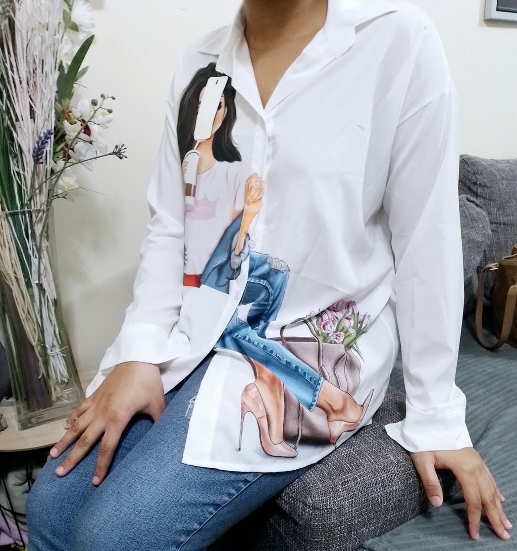 Chemise Blanche Avec Motifs , Logues Manches , Taille Unique