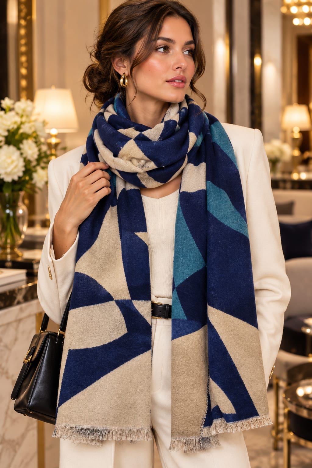 Echarpe multi couleurs avec fond bleu