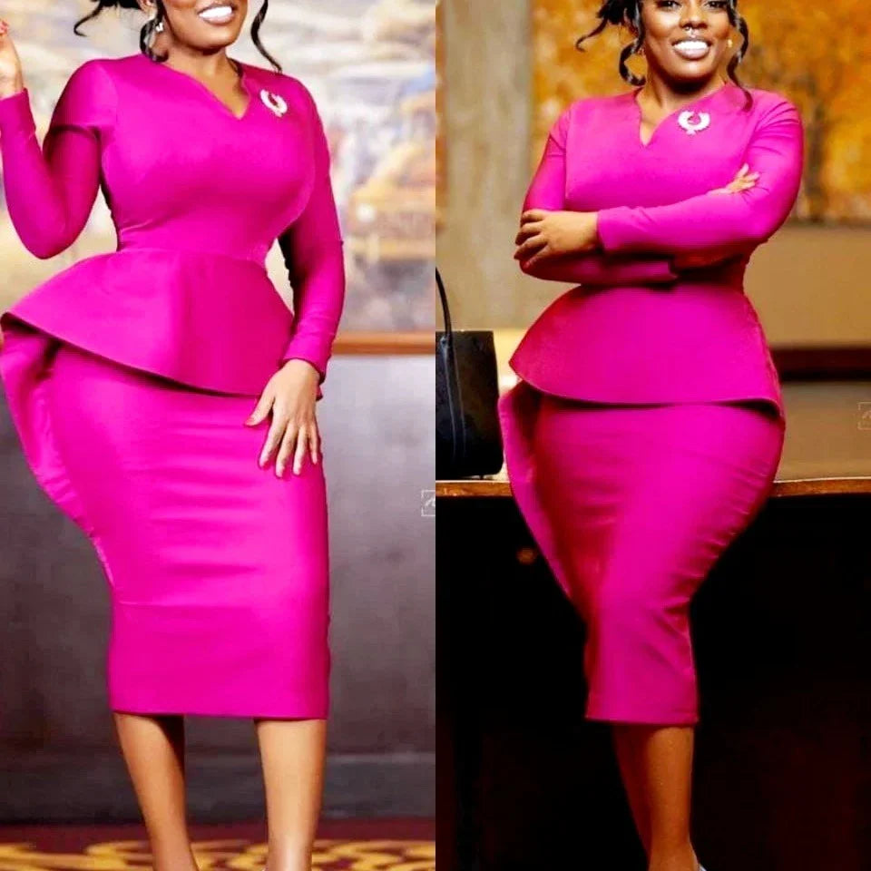 Robe Mauve  avec volant A La Taille , Col V , Longues Manches