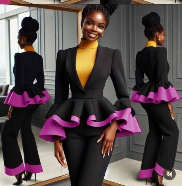 Cet ensemble tailleur noir à col V incarne l'élégance intemporelle avec une touche contemporaine. Les volants mauves délicats qui ornent le bas de la veste, les manches et le pantalon créent un contraste subtil et raffiné, transformant une silhouette classique en une pièce véritablement distinctive. Conçu pour les femmes qui cherchent à exprimer leur personnalité avec assurance, cet ensemble offre une structure impeccable et des proportions flatteuses. Le col V allonge la silhouette tandis que les détails e