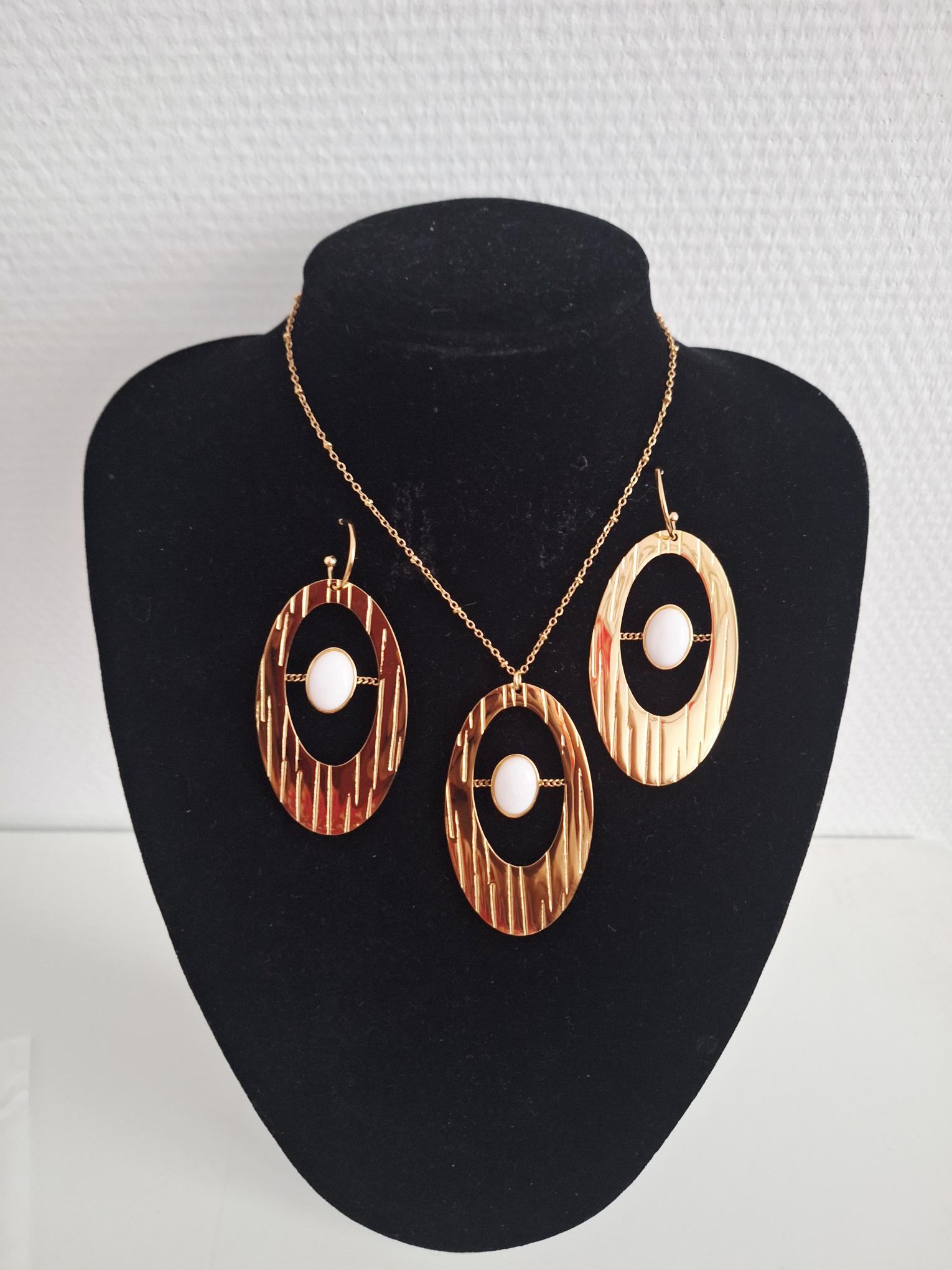 Ensemble Bijoux En Acier Inoxydable Collier/Boucles Orné De Perles Blanches