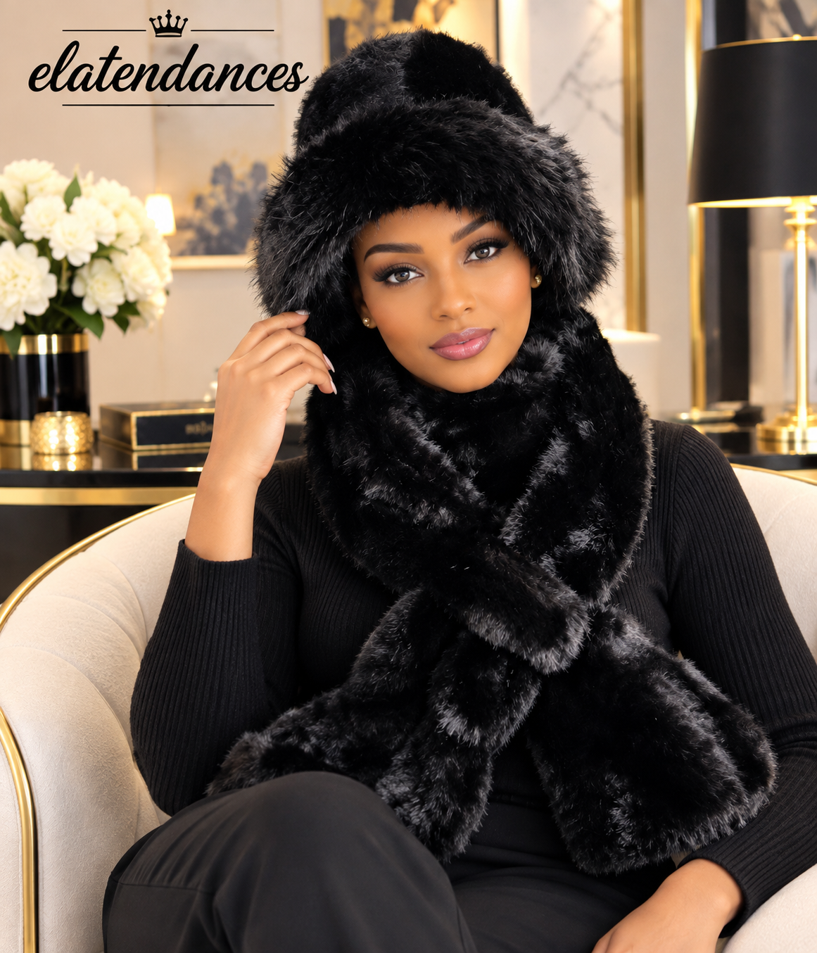 Ensemble chapeau / écharpe en fourrure noir