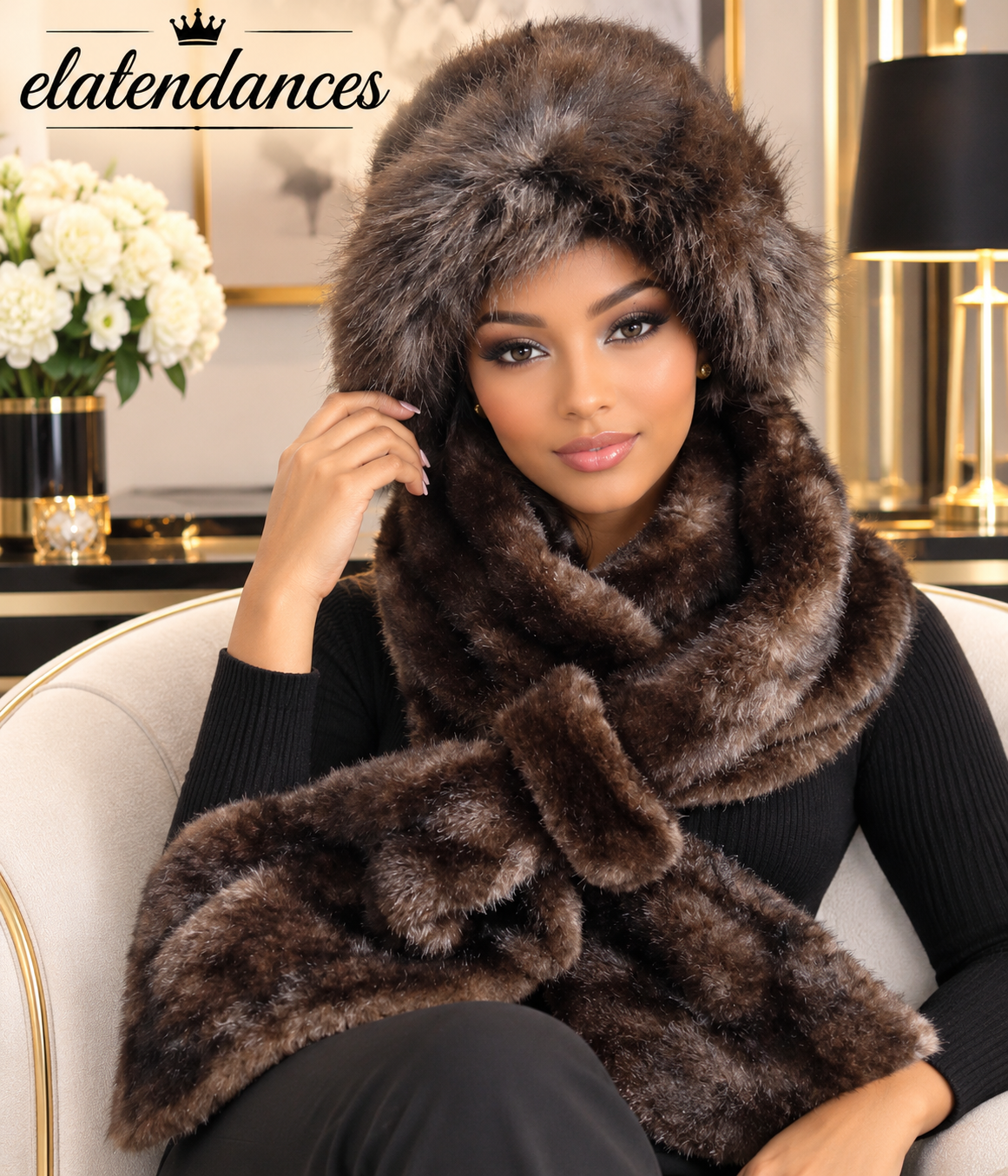 Ensemble chapeau / écharpe en fourrure marron