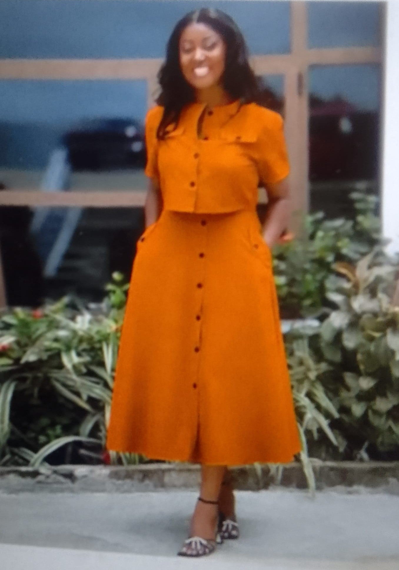 Ensemble Jupe Orange,  Longues et Evasée, Taille Haute