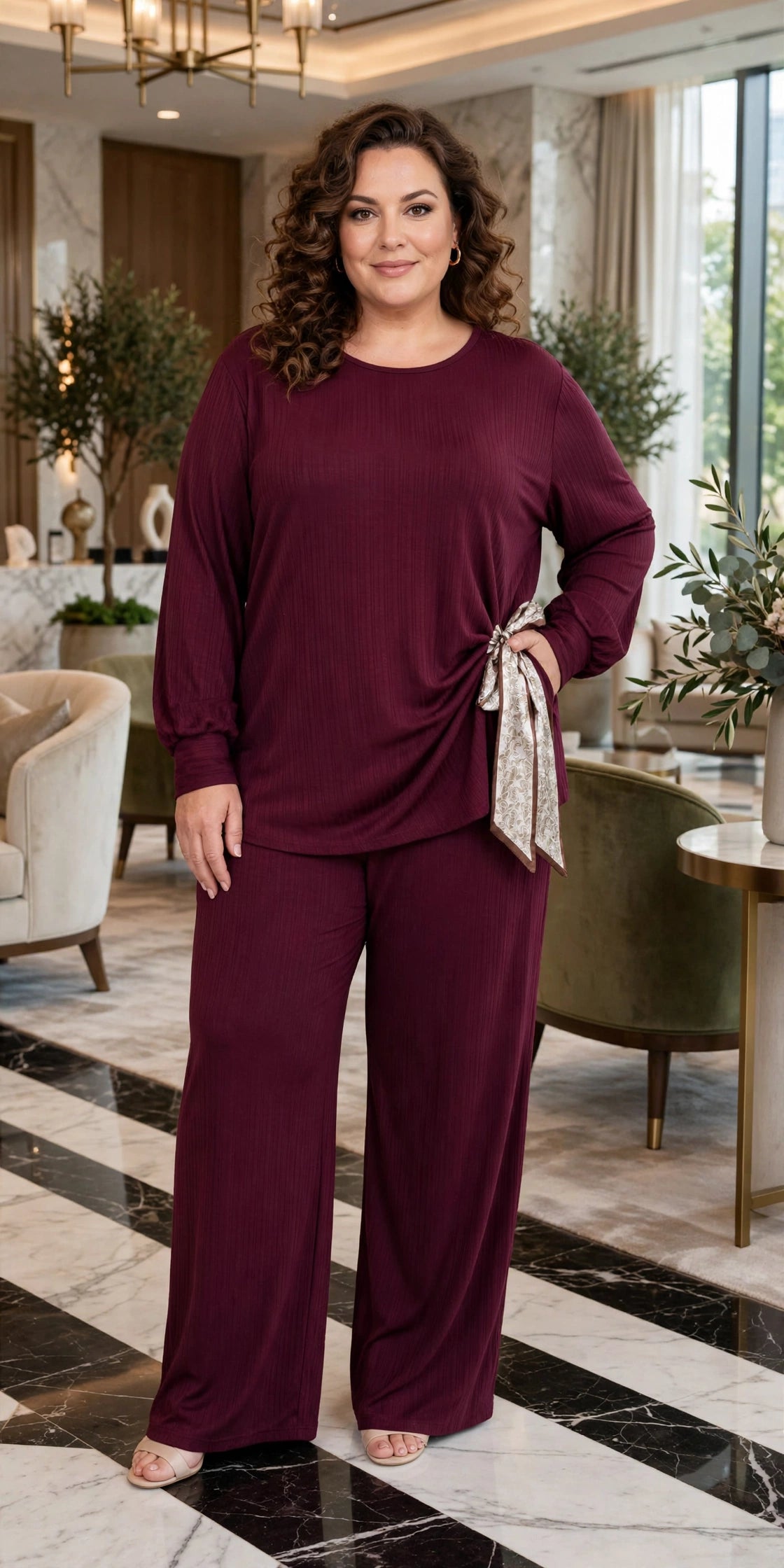 ENSEMBLE PANTALON ROUGE BORDEAUX AVEC NOEUX TAILLE UNIQUE