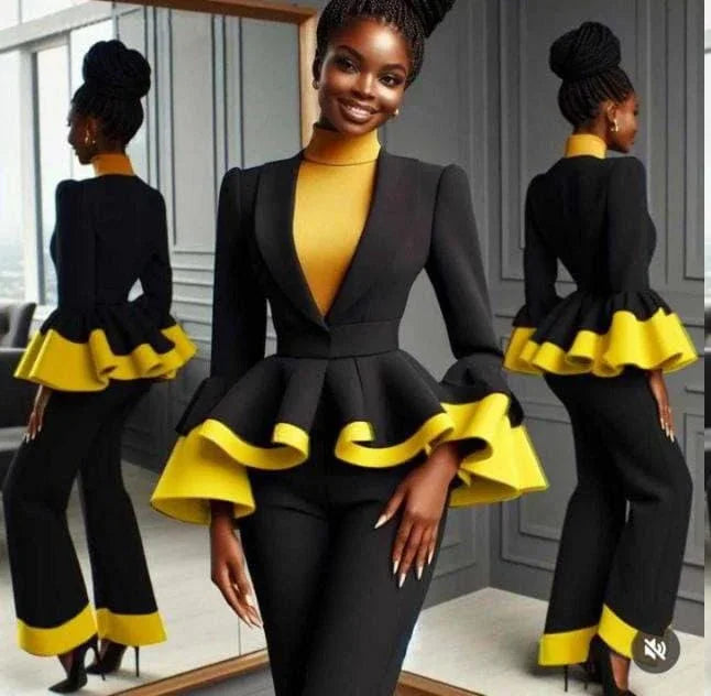 Ensemble Tailleur Noir  Orné De Jaune Col V ,Avec Un Volant A La Taille