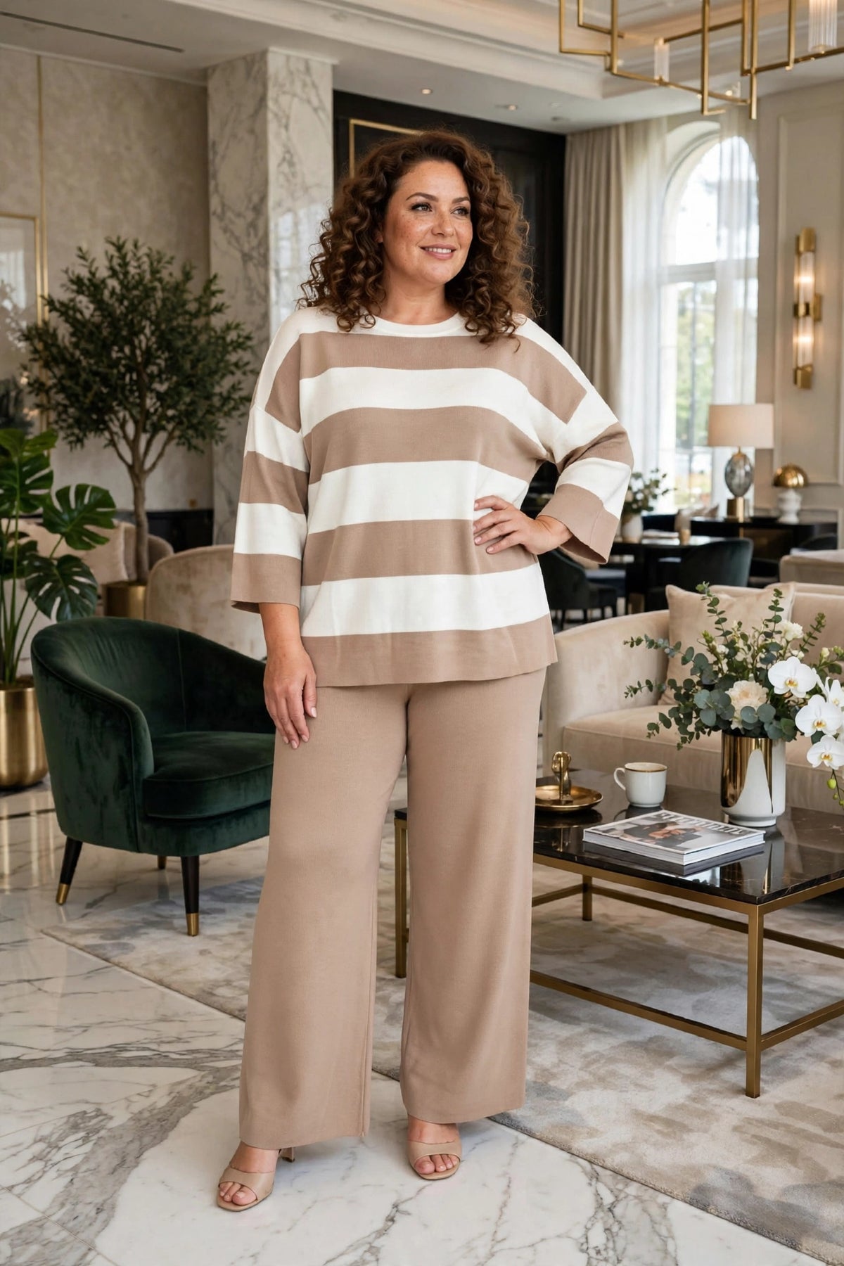 ENSEMBLE PULL DEUX TON RAYE BEIGE /CAMEL ,LONGUES MANCHES? TAILLE UNIQUE