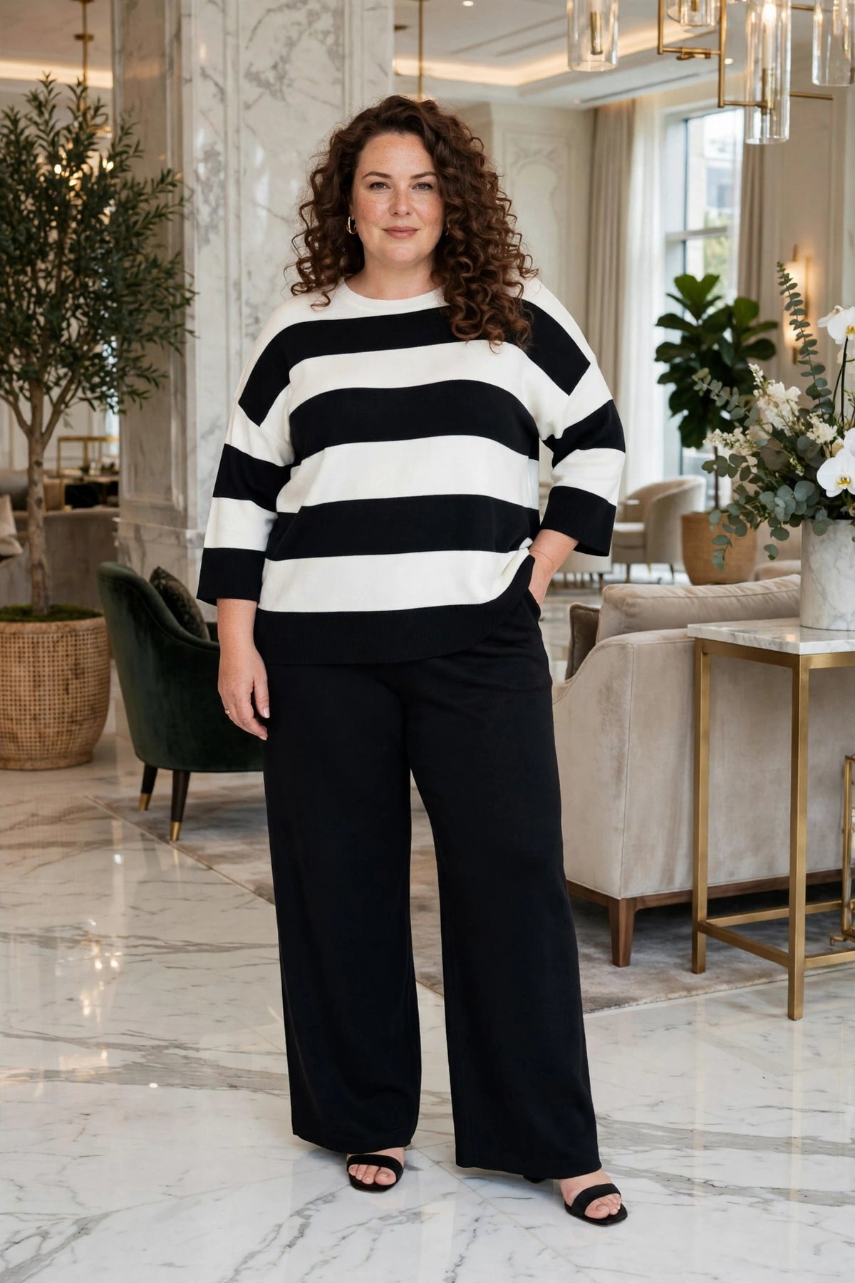 ENSEMBLE PANTALON  PULL DEUX TONS RAYÉ – NOIR