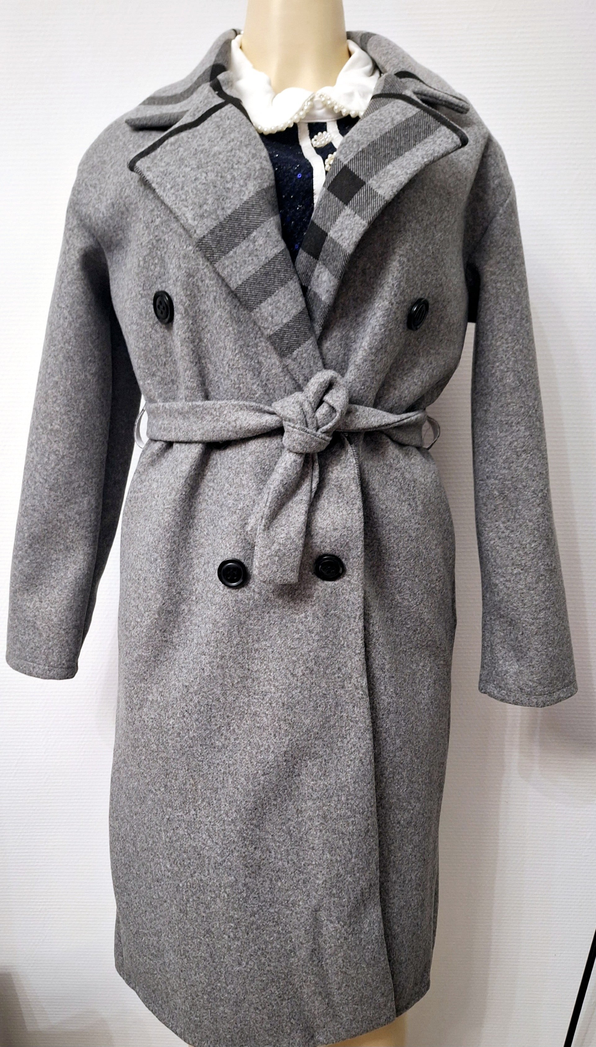 Manteau Gris, Taille Unique avec Motifs Carrelés