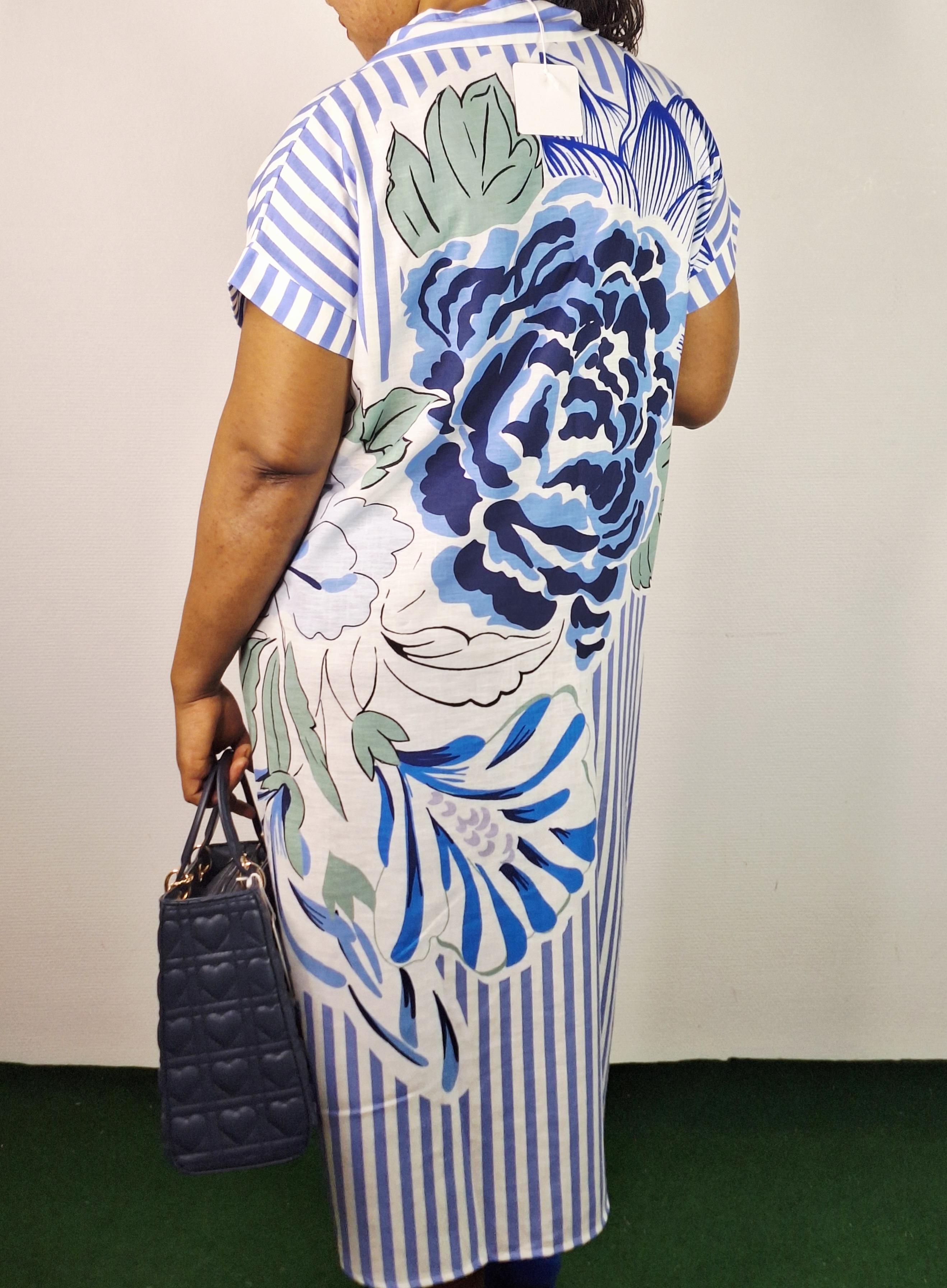 Robe Droite  Bleu Deux Tons , Ornée De Fleurs Et De Rayures, Courtes Manches ,Taille Unique