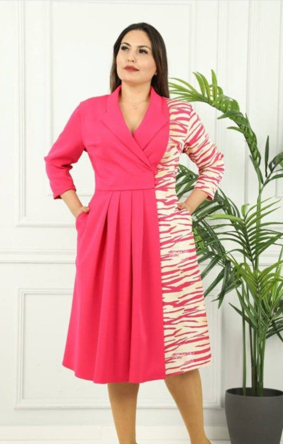 Robe Tailleur Porte  Feuille Rose ,Orné Motifs Zèbre