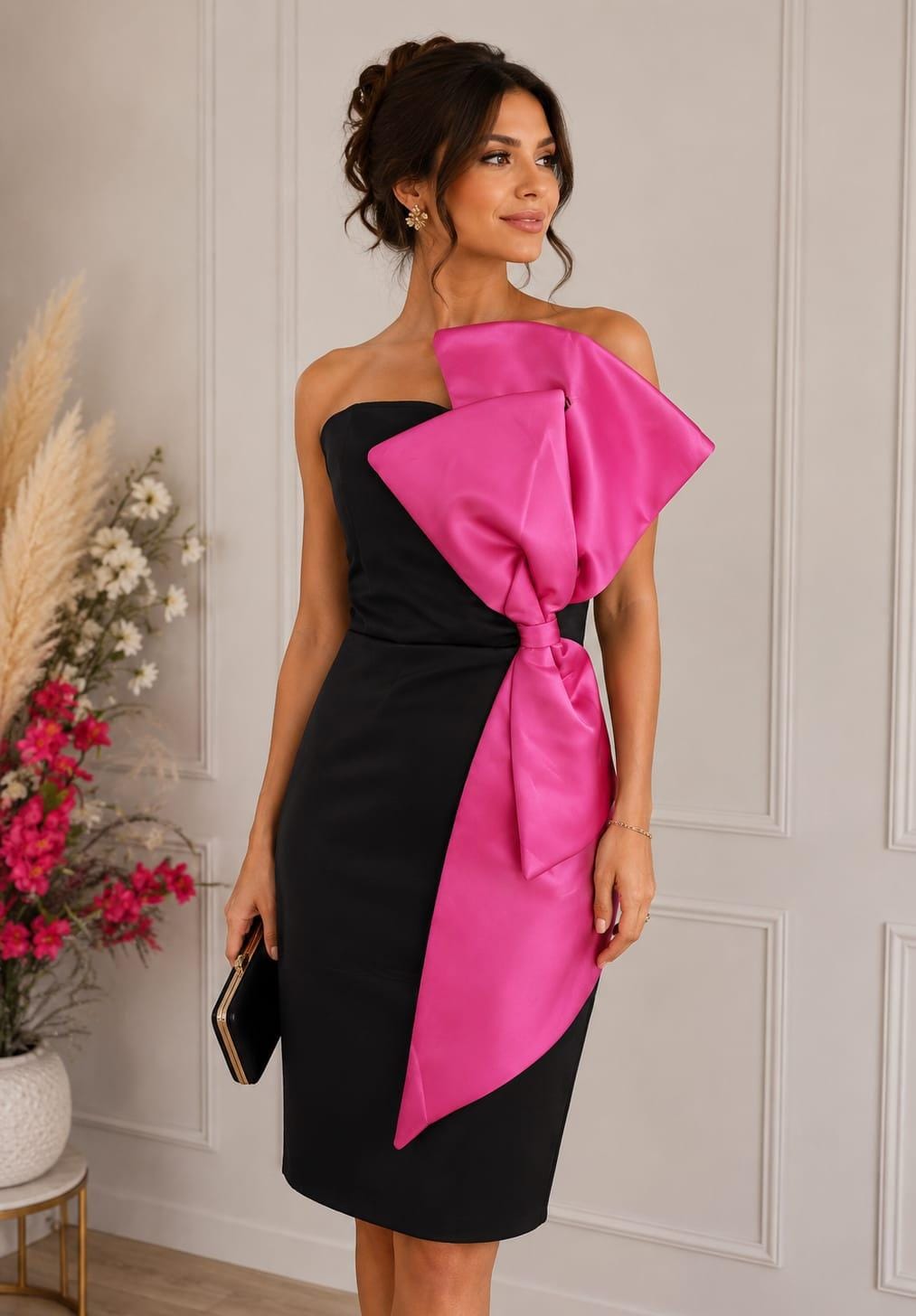 Robe De Soirée Noire Avec Un Grand Noeux Mauve