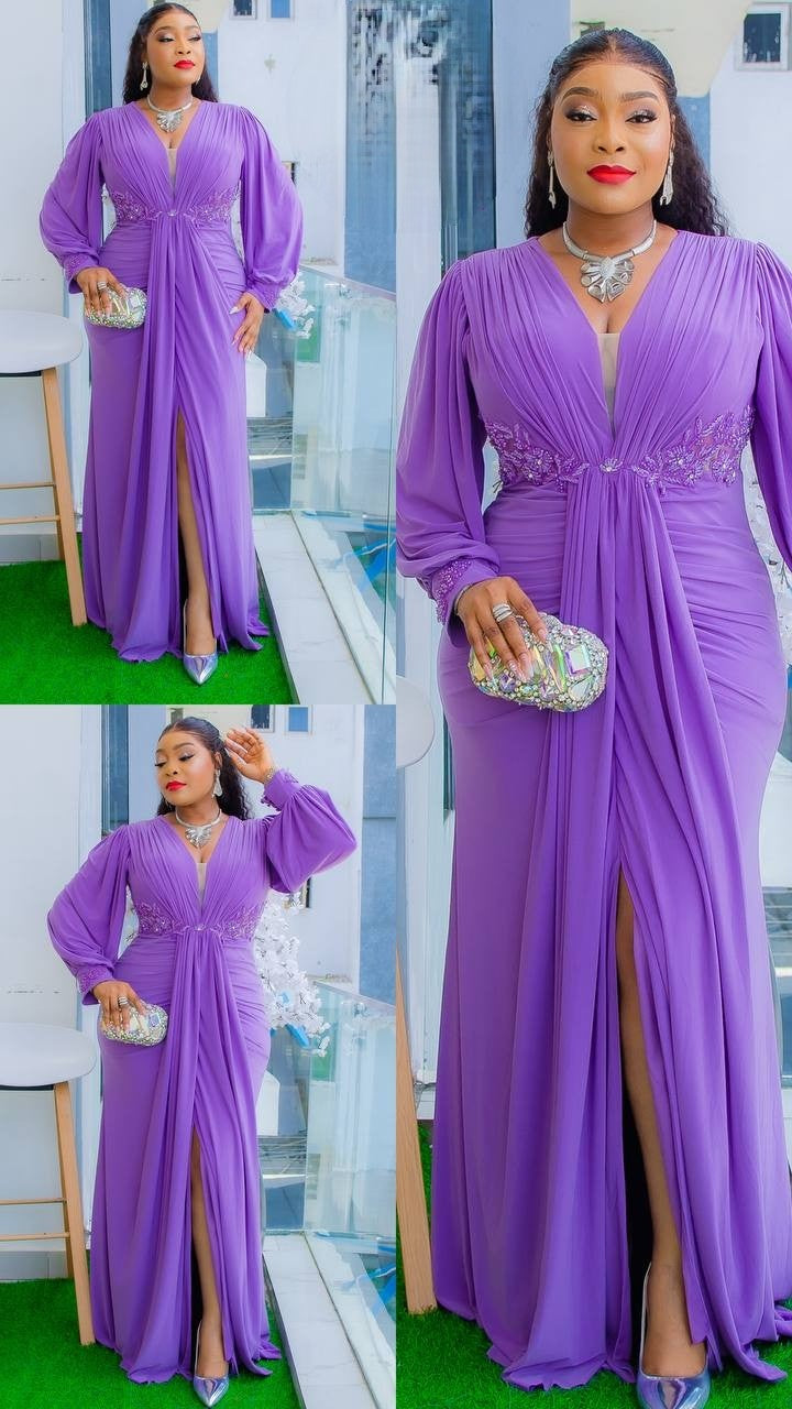 Robe De Soirée Mauve , Longues Manches ,Col v , Avec Fente