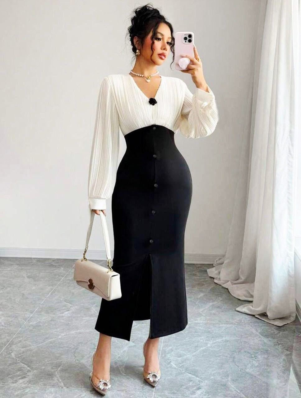 Robe De Cérémonie Noire blanc , Longue Manche ,Avec Fente .