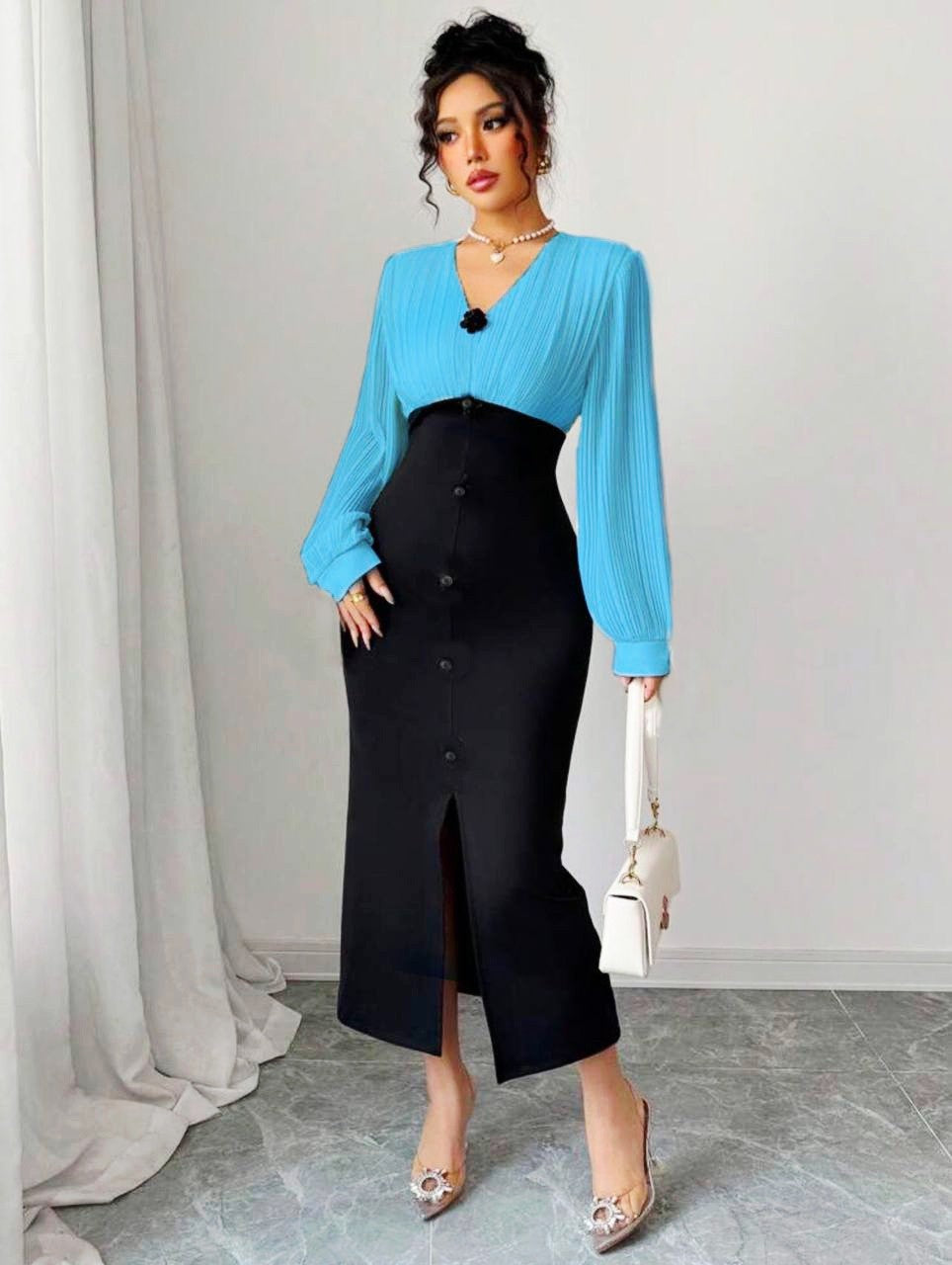 Robe De Cérémonie  bleu  Noire  , Longue Manche ,Avec Fente