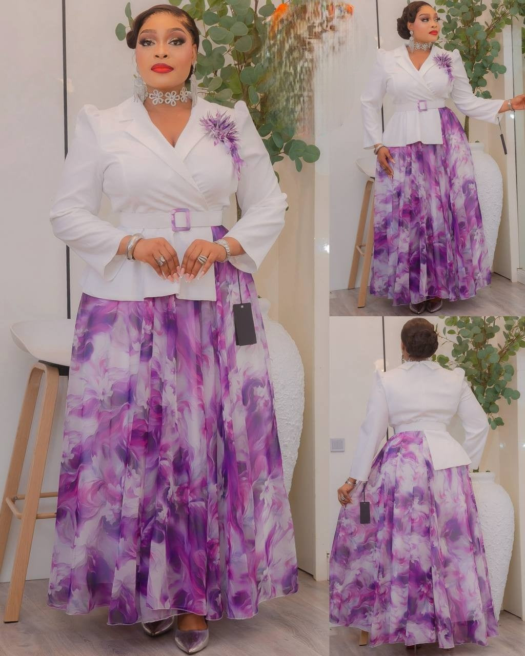 robe de soirée deux tons blanc / mauve ,longues manches