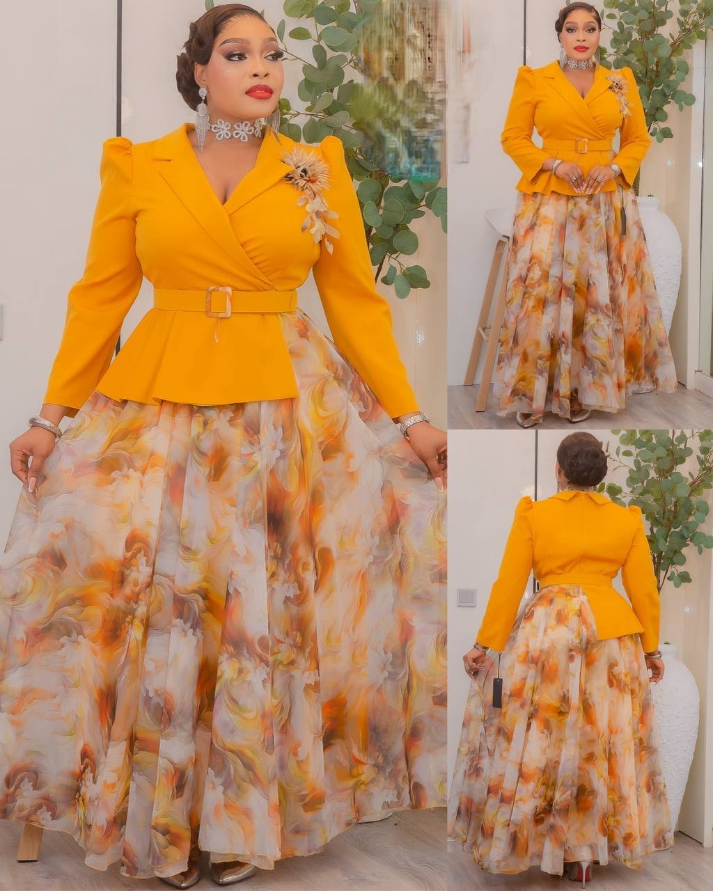 Robe de soirée jaune fleurie avec ceinture – Élégance lumineuse