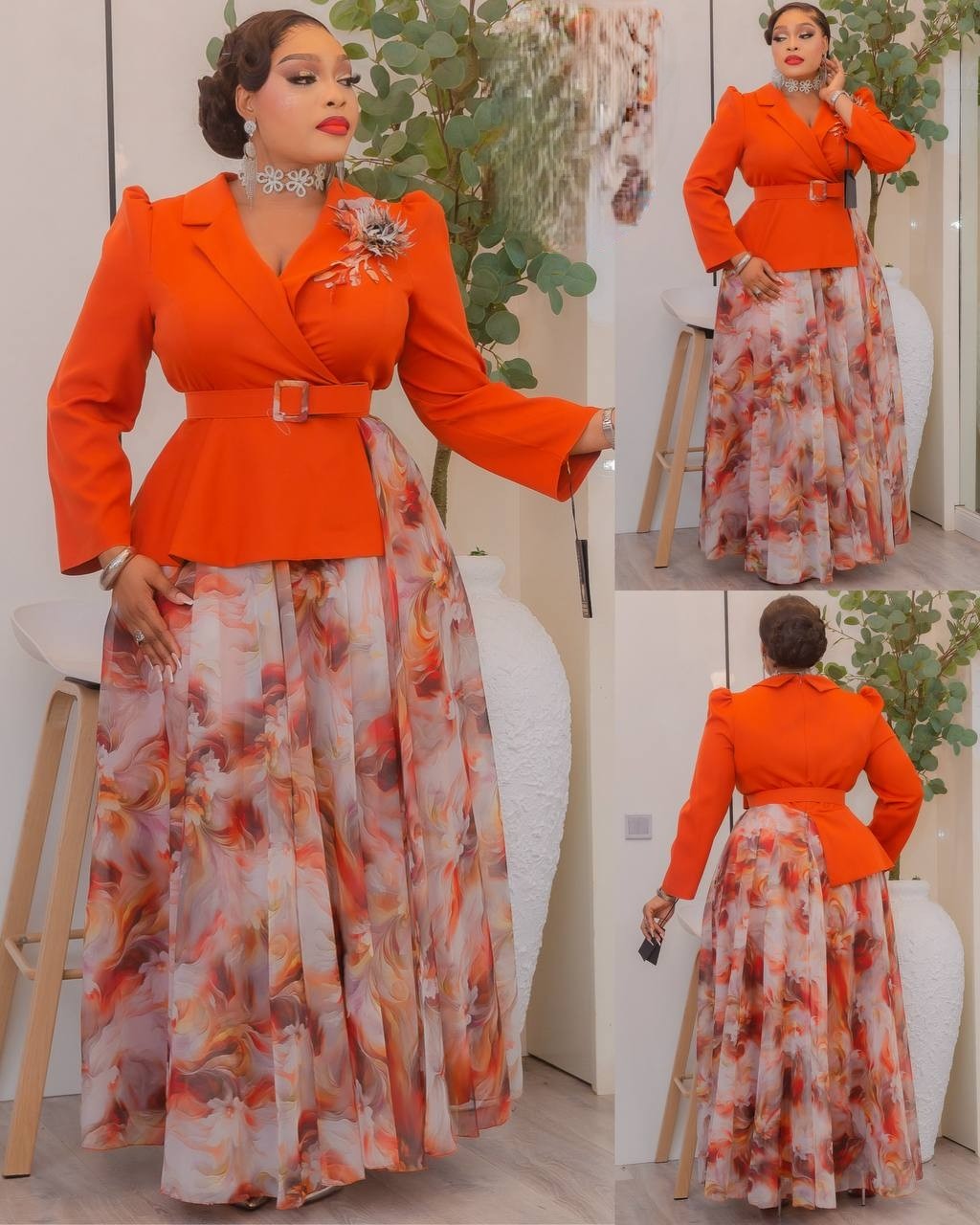 Robe élégante de soirée / cérémonie orange à motifs fleuris – manches longues
