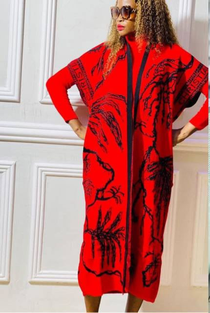 Longue Robe Pull, Rouge, Deux Pièces Robe et Veste Taille Unique