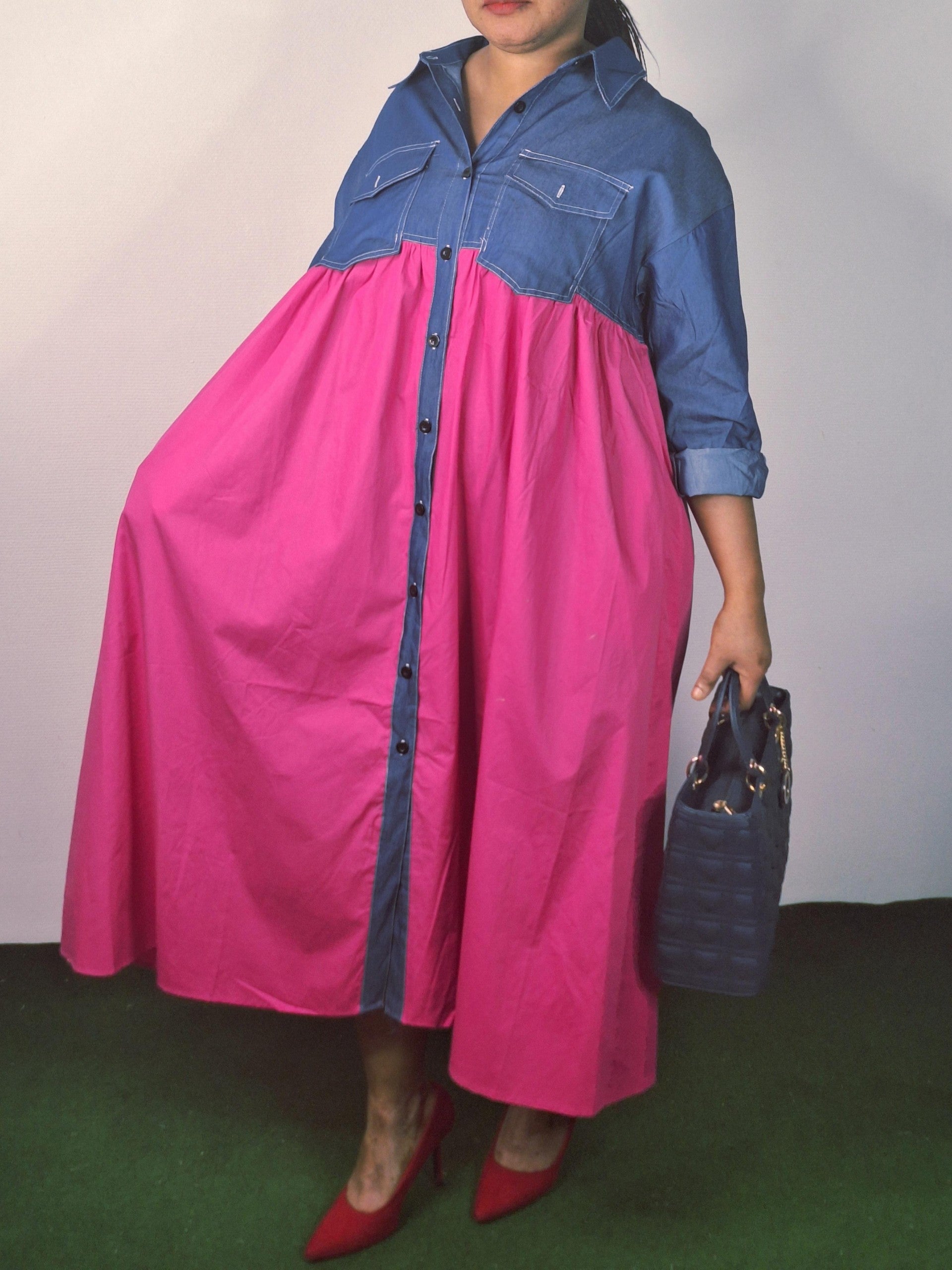 Robe rose  Ornée De Jean Bleu , Longues Manches, Taille Unique