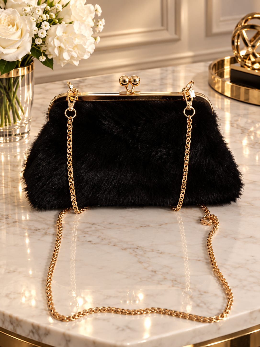 SAC SOIREE EN FOURRURE NOIR AVEC CHAINE