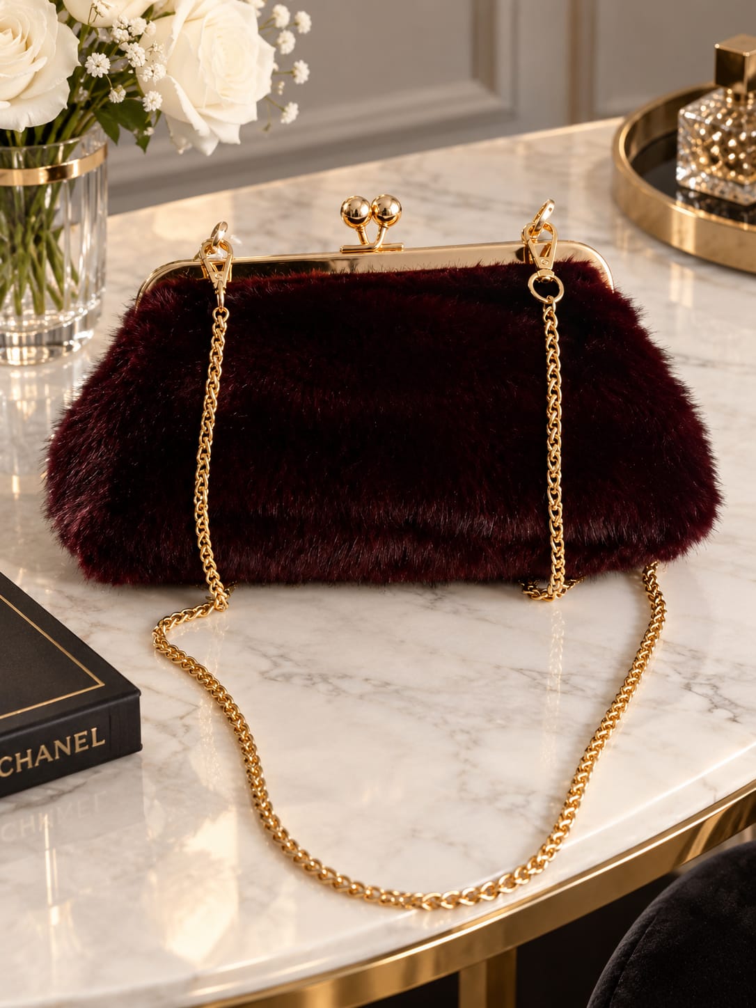 SAC SOIREE ROUGE BORDEAUX EN FOURRURE EVEC CHAINE