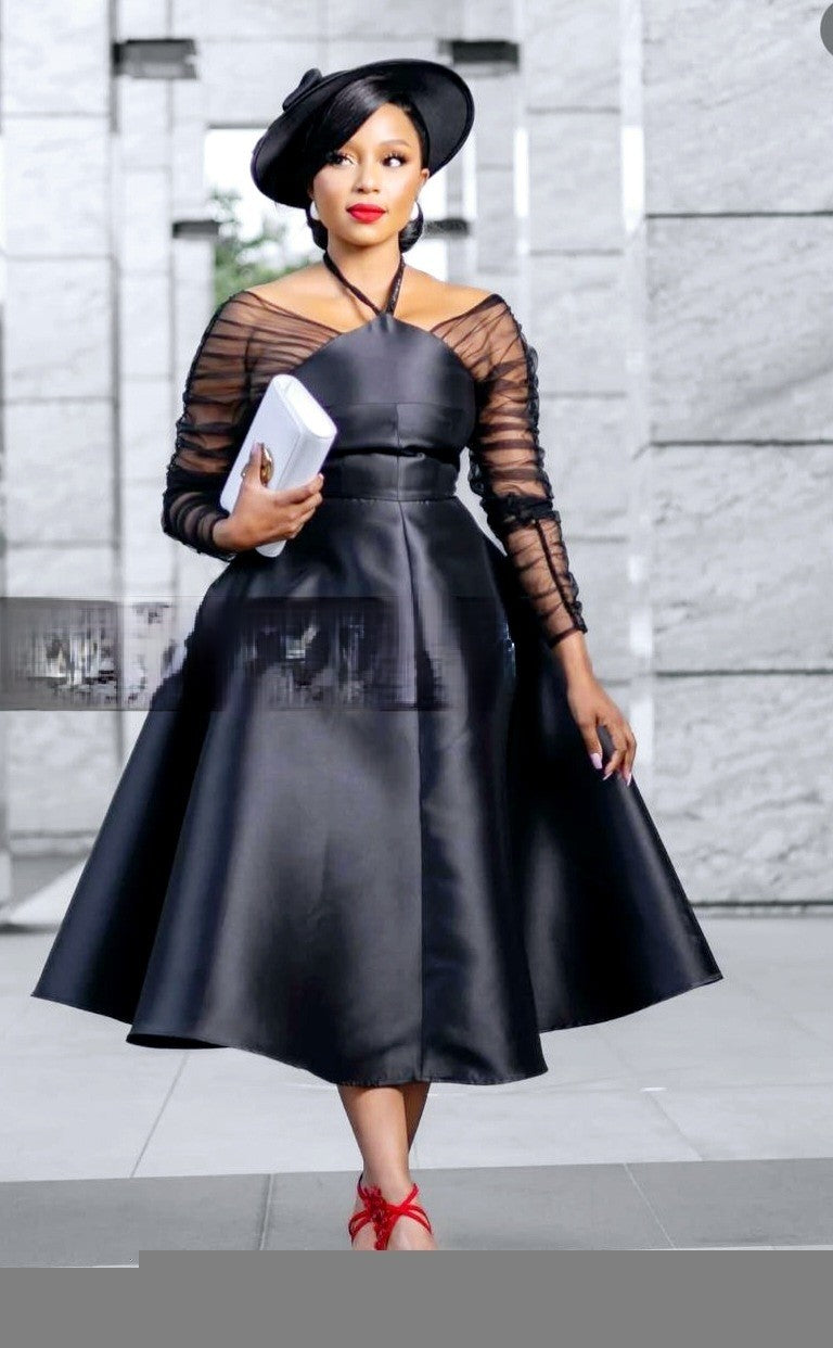 Robe De Soirée Evasée, Noir, Manches en Dentelle