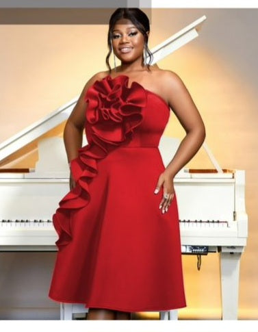 Robe De Cérémonie Rouge, Ornée De Touffe De Fleurs , Sans Manches