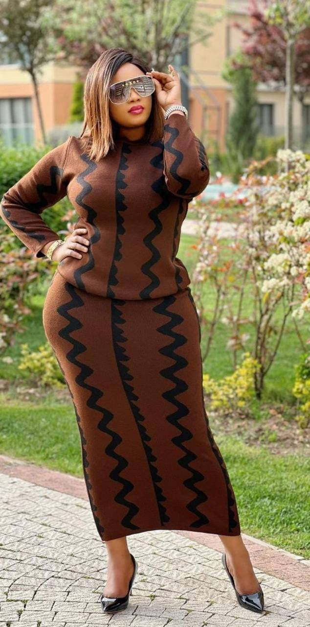 Ensemble Pull Brun Longue Jupe, Longues Manches, Taille Unique